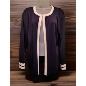 Exclusively Misook Navy Blue White Trim Jersey Knit Open Cardigan Sz M